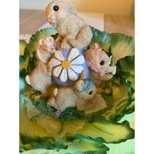 Vintage 1999 Bunny Figurine Easter Resin Rabbits Floral Decor Cottagecore
